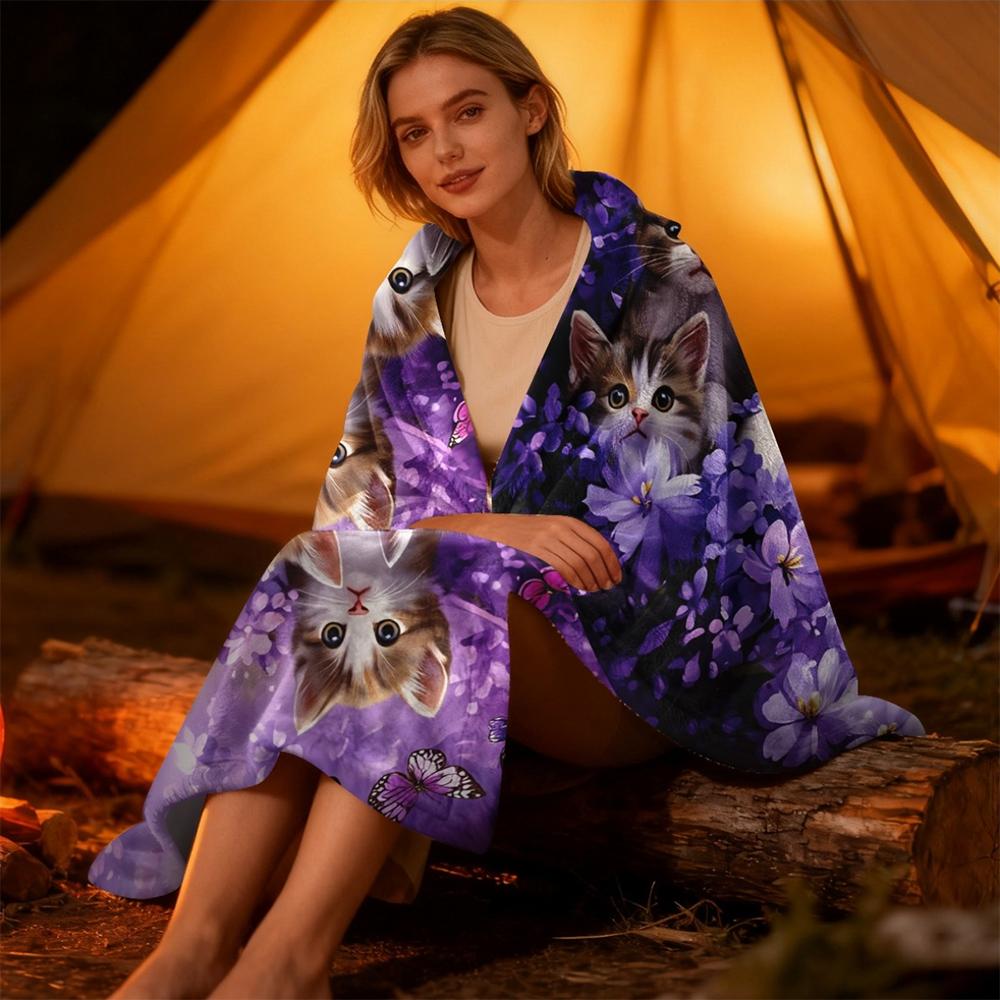 1Pc  Cute Kittens & Purple Floral Butterfly Fleece Blanket Soft Warm Cozy Throw Blanket For Cat Lovers