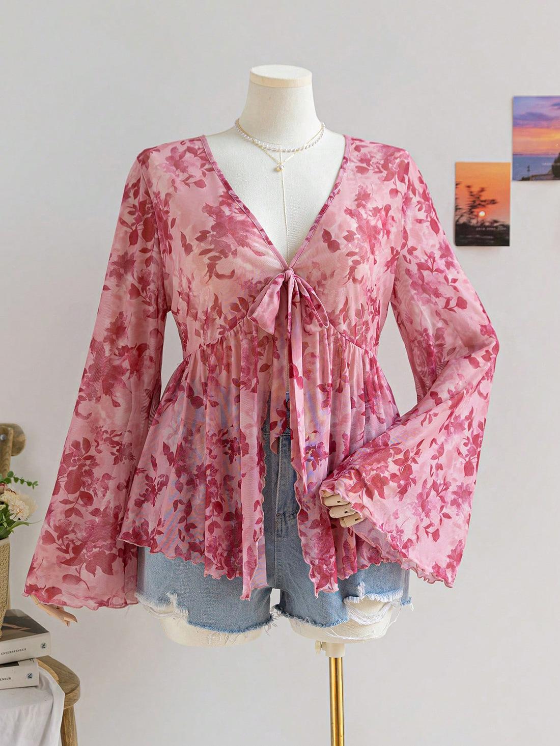 Women S V Neck Flared Sleeve Printed Loose Vacation Top 1XL
