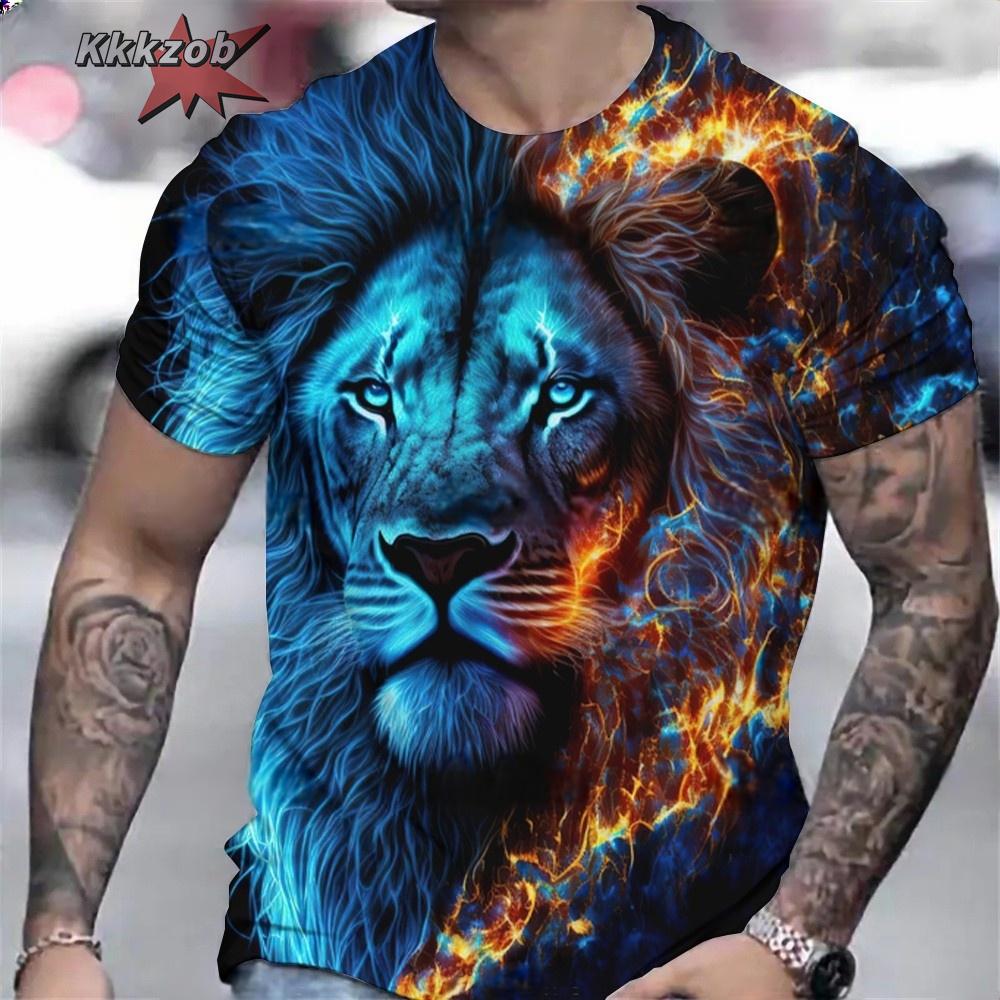 

Летний топ с круглым вырезом и 3D-принтом свирепого тигра и льва, модная повседневная мужская футболка с коротким рукавом S