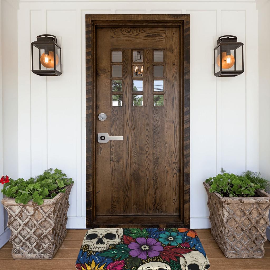 1PC Halloween Skull Flower Kitchen Rug Non-Slip Door Mat Pop Design Bathroom Rug Bath Mat Carpet for Home Sink Laundry Decor