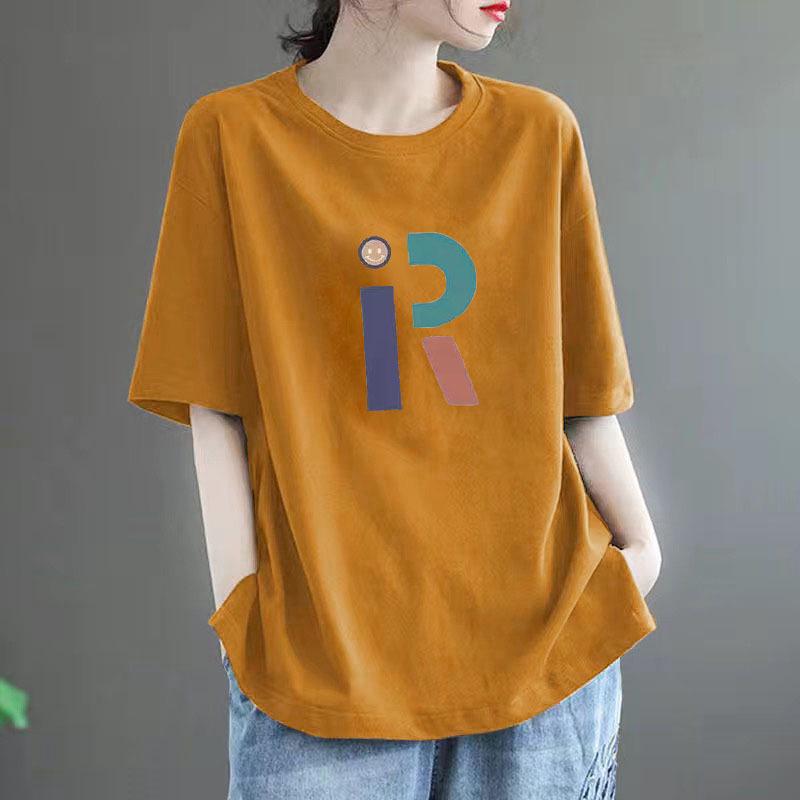 Women's High-End Pure Cotton Short-Sleeve T-Shirt, 100% Loose Fit, Slimming Versatile Round Neck Casual Top