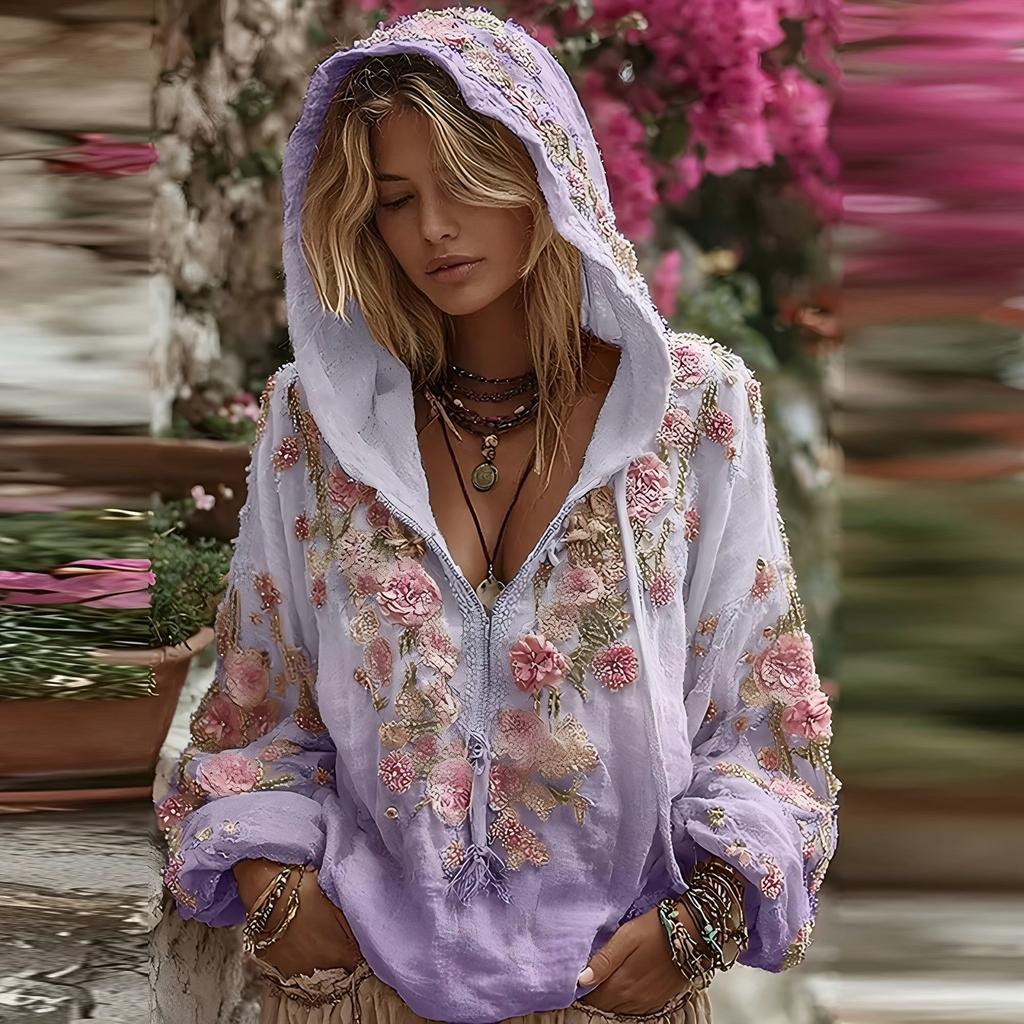 Damska Moda Bluza z Długim Rękawem z Kapturem w Stylu Vintage z Nadrukiem Kwiatowym Casualowa