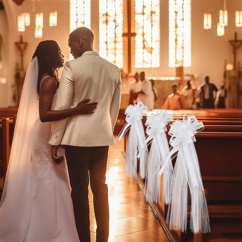 8Pcs/set White Pew Bows with Long Tulle Tails for Wedding Chair Aisle Decorations Bridal Shower Anniversary Birthday Party Decor