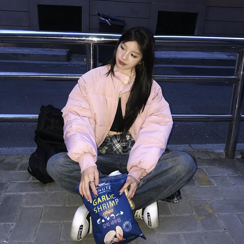 

Новая женская зимняя хлопковая одежда, хлопковая одежда с эластичным подолом и воротником-стойкой, однотонная куртка на молнии с карманами XXL розовый