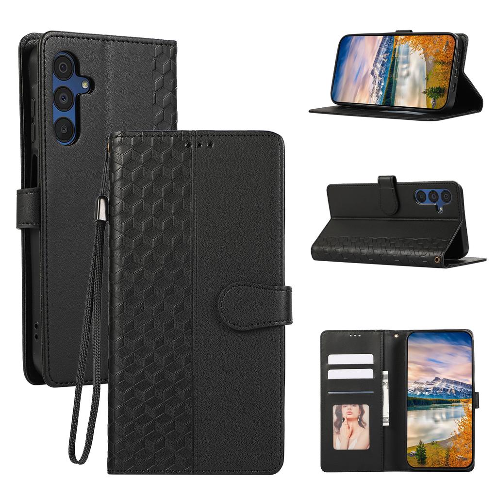 For Samsung Galaxy S25+/S24+ Case 3D Rhombus Grid Imprinted Wallet Leather Phone Cover with Lanyard