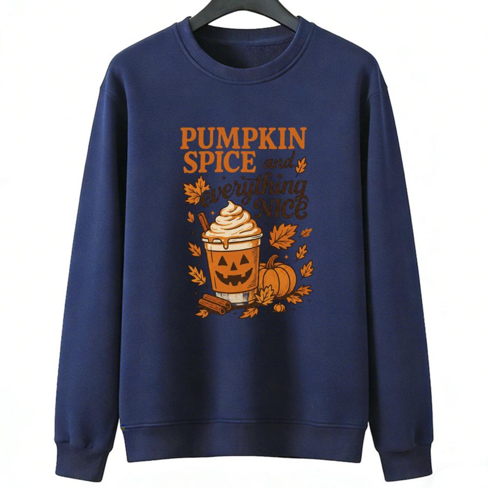 PUMPKIN SPICE and Everything NICE Retro Fall Sweatshirt Women Halloween Pumpkin Coffee Print Pullover Autumn Holiday Daily Wear