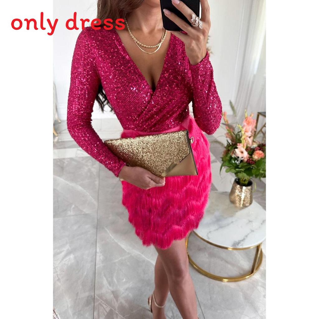 No Brand Readytowear Sparkling Sequin Dress With Long Sleeves For Casual Autumn Winter Fashion