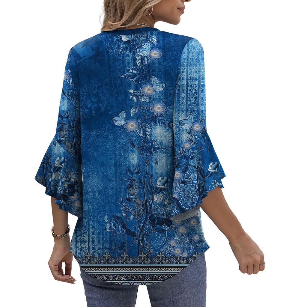 Summer Tops For Women Cute V Neck 3/4 Sleeve Blouses Floral Print Top Casual Shirts