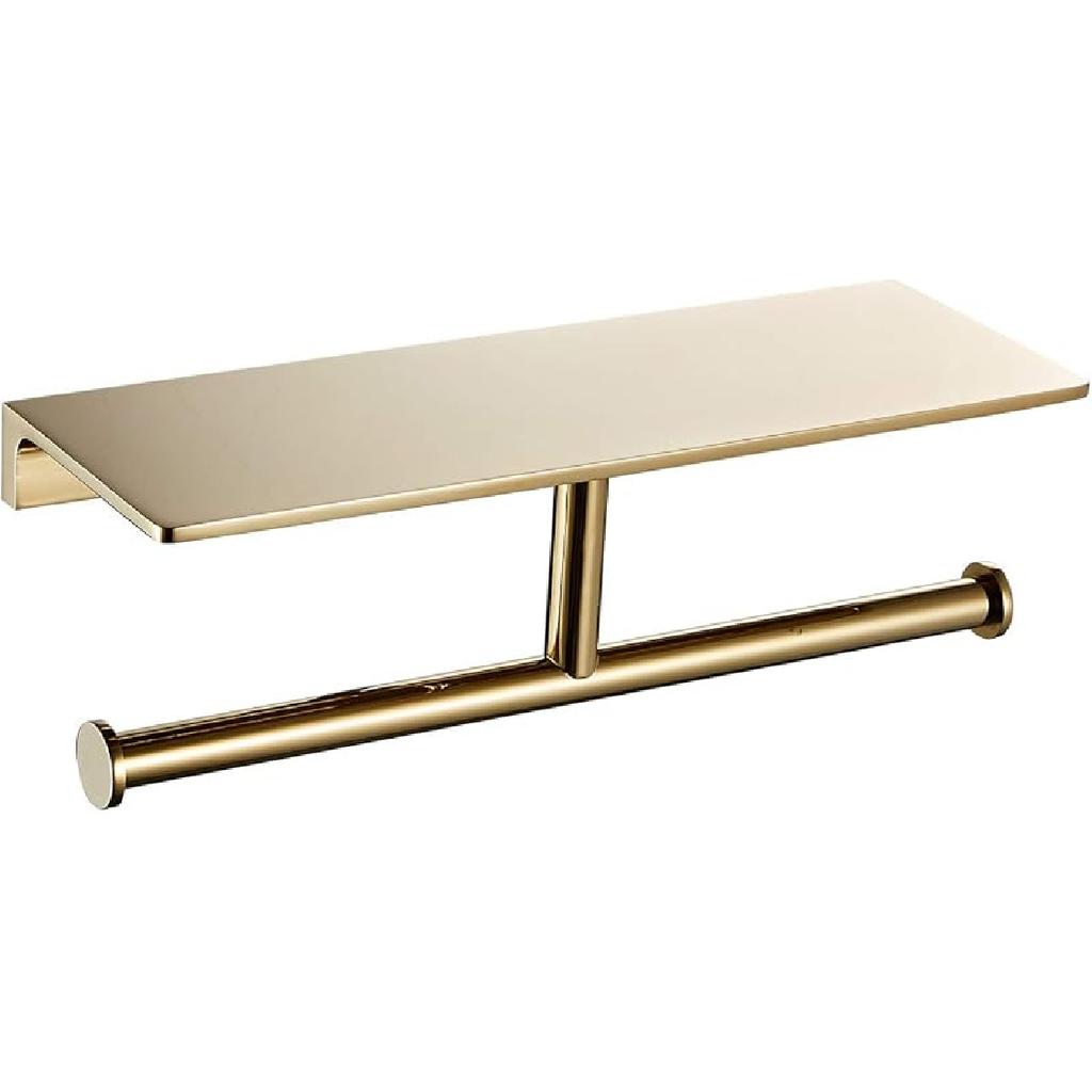 Toilet Paper Holder for Bathroom Solid Brass and Superior Hotel Style Tissue Roll Holder with Cell Phone Storage Gold Finish