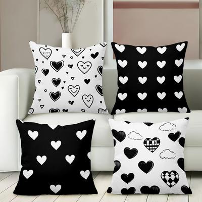 Impression plate 2D Motif Cœur Noir et Blanc Coussins Décoratifs Housse de coussin en polyester, housse de coussin décorative pour canapé