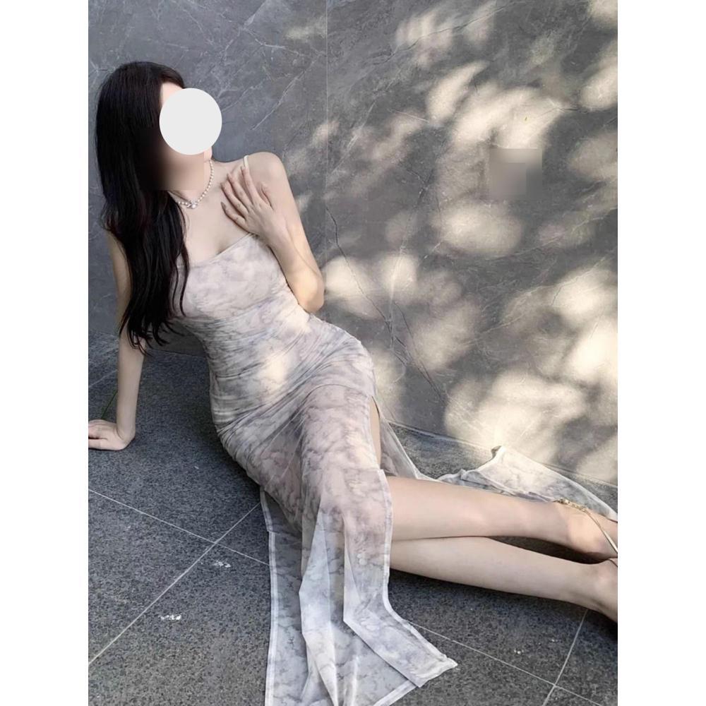 Slip Dress Women's Summer Slim and Slim Temperament, Unique Mesh Tie-dye Slit Hip Skirt