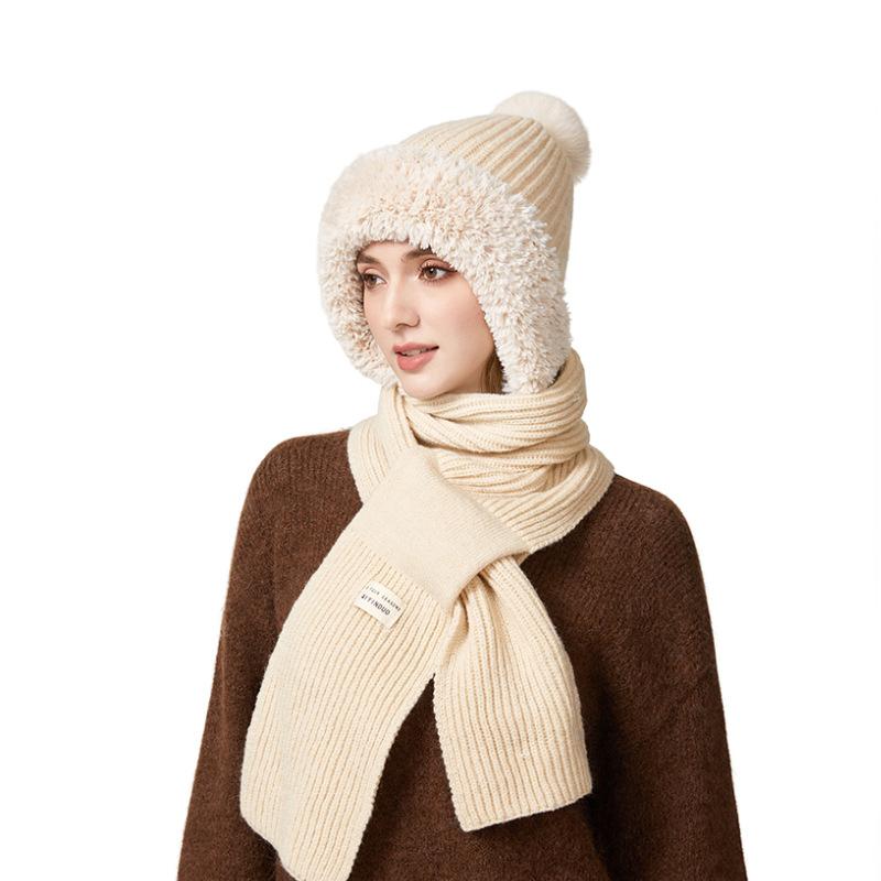 Winter Hat Long Scarf Integrated Wool Hat Women's Outdoor Ear and Neck Protection Double-Layer Velvet Warm Knitted Hat