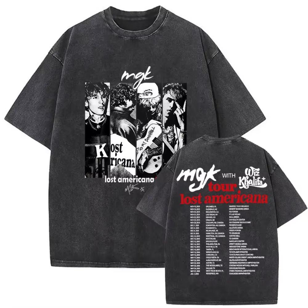 Vintage Washed MGK Lost Americana Tour Print Tshirts Men Women Harajuku High Quality Fashion Oversized Cotton T Shirt
