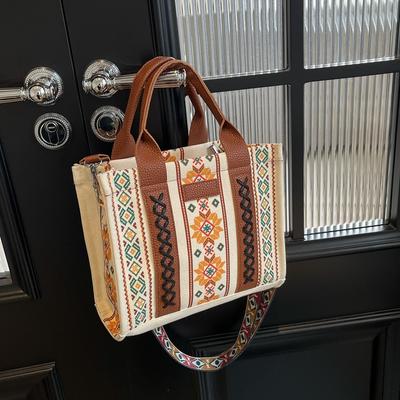 Bohemian Etnische Stijl Canvas Tote Bag Nieuwe Dames Kleurgeblokte Brede Schouderband Crossbody Tas Mode Veelzijdige Handtas