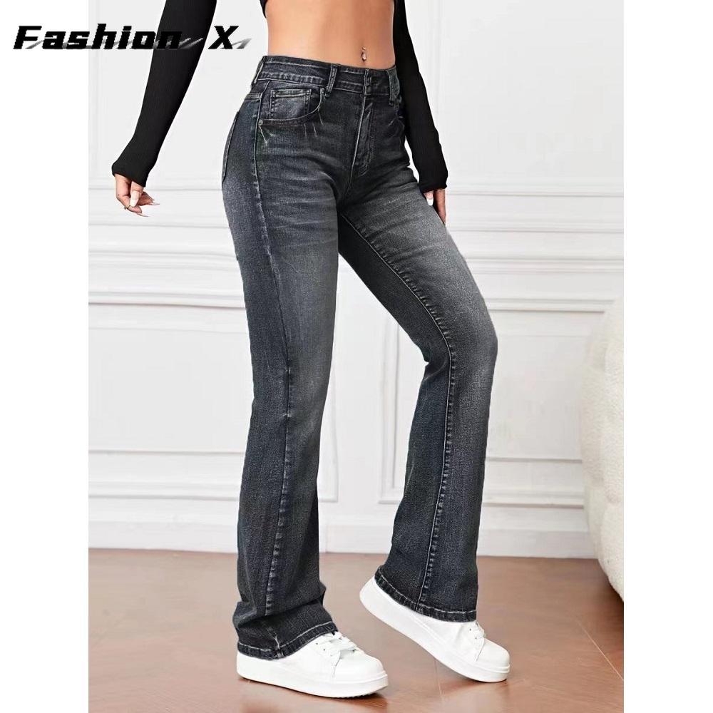 Women's Long Casual Denim Trousers Women's Stretch Jeans Straight Legs