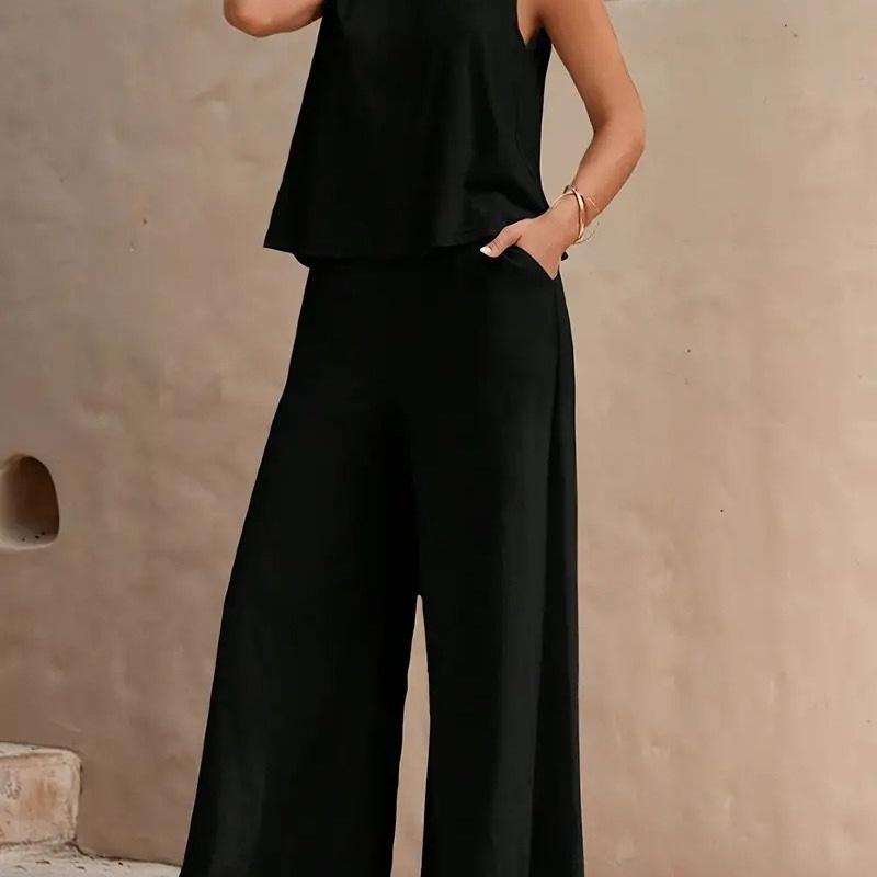 New Women's Sleeveless Vest And Trousers Two Piece Set Fashion Solid Color Two Piece Round Neck Top Pants Suit Casual Set