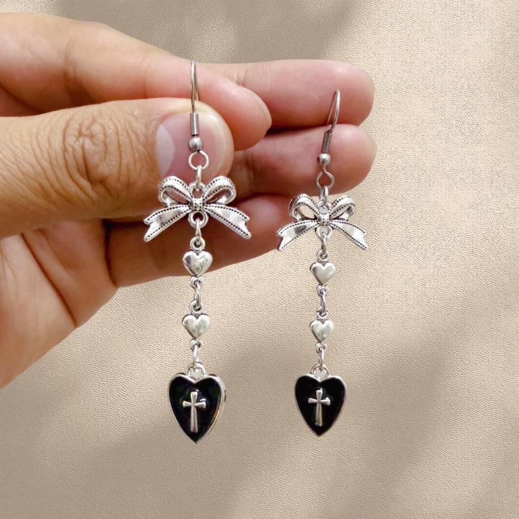 Gothic Charm Stainless Steel Silver Color Bowknot Relief Cross Red Glazed Heart-shaped Pendant Dangle Earrings for Women Jewelry