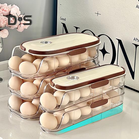 Automatic Rolling Egg Container Fridge Storage Box Food Grade BPA Free Transparent Stackable Fridge Organizer with Lid