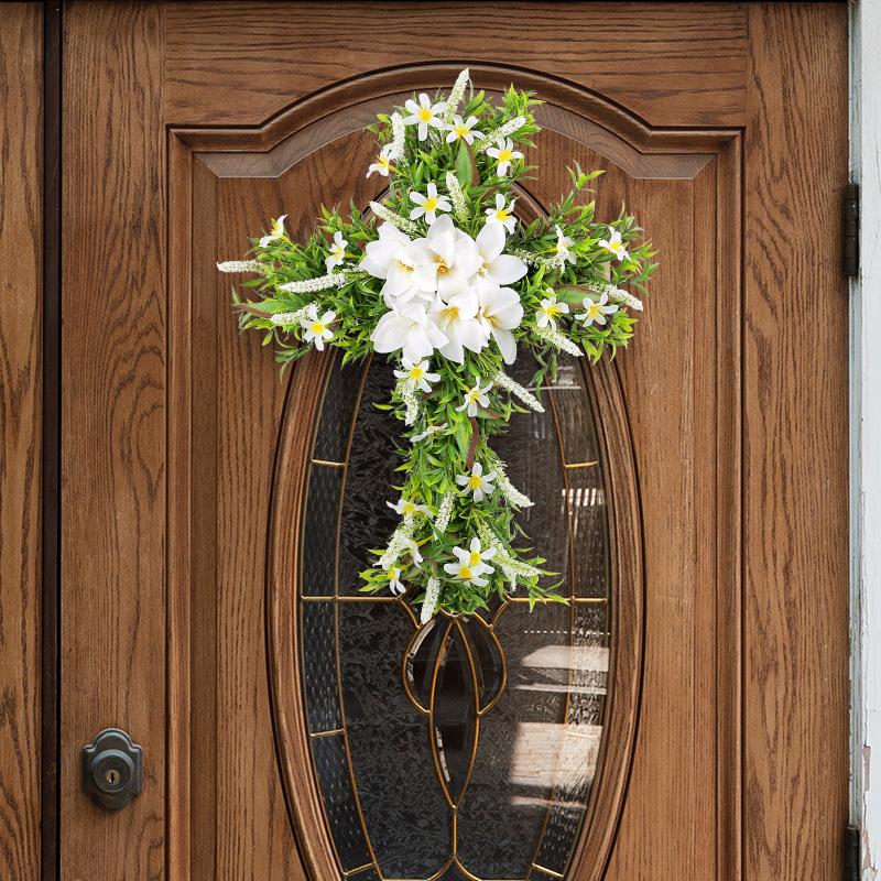 38*50cm Cross simulation lily garland for home decor, Christmas front door hanging wreath, wall hanging cross decoration