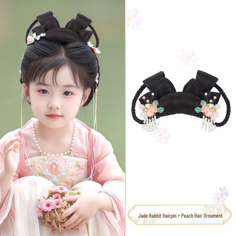 Jade Rabbit Hanfu Wig: Children's Ancient Style Tang Dynasty Updo with Hair Padding and Bun Headdress