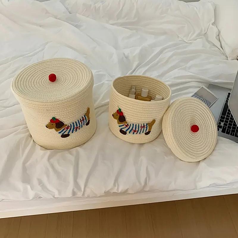Cute Puppy Storage Basket Woven Cotton Rope Frame Large Capacity With Lid Dustproof Storage Bucket Desktop Dustproof