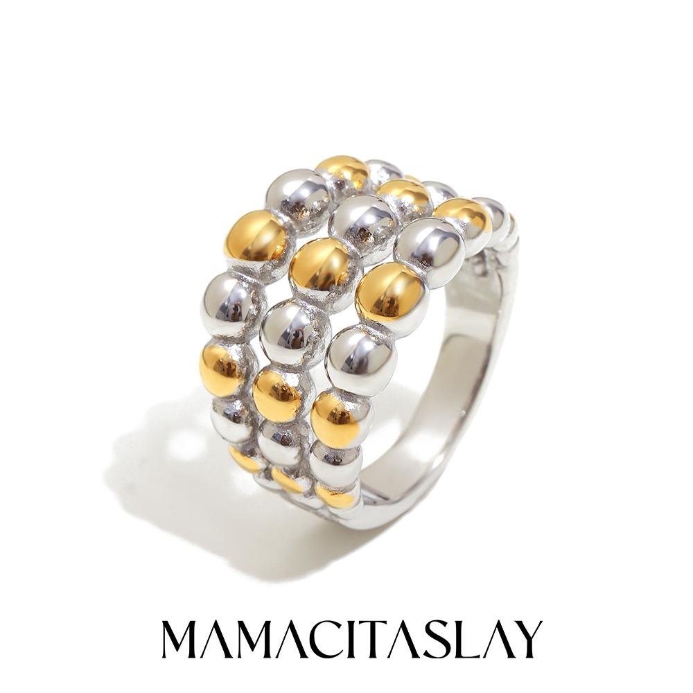 MamacitaSlay 316L Stainless Steel Two Tone Round Bead Ring Party Waterproof Jewelry Women's Unique 18K Gold Plated Ring Gift