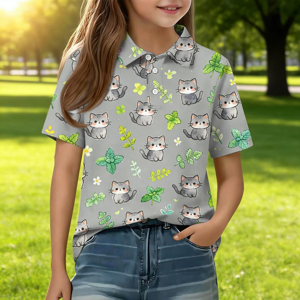 Kids Short Sleeve Polo Shirt Animal Print Casual Top Button Collar Boys Girls Lightweight Summer Tee