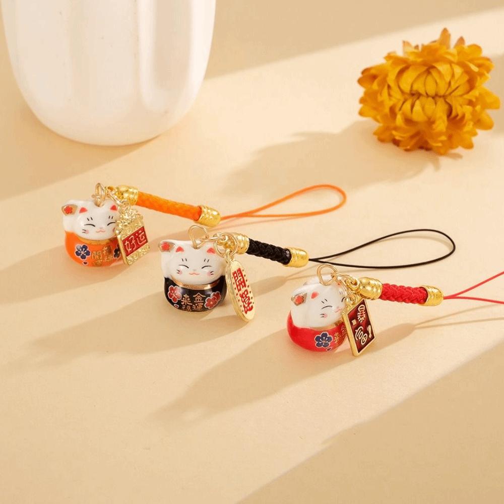 Metal Maneki Neko Phone Chain Chinese Style Lucky Cat Pendant Phone Case