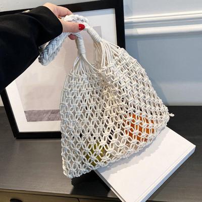 Women Bucket Cotton Beach Tote Bag Casual Hollow Out Solid Soft High-Capacity Shoulder Bag Travel Handbag