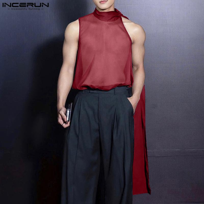 INCERUN Men Tie Neck Sleeveless See Through Mesh Sheer Party Club Tank Tops