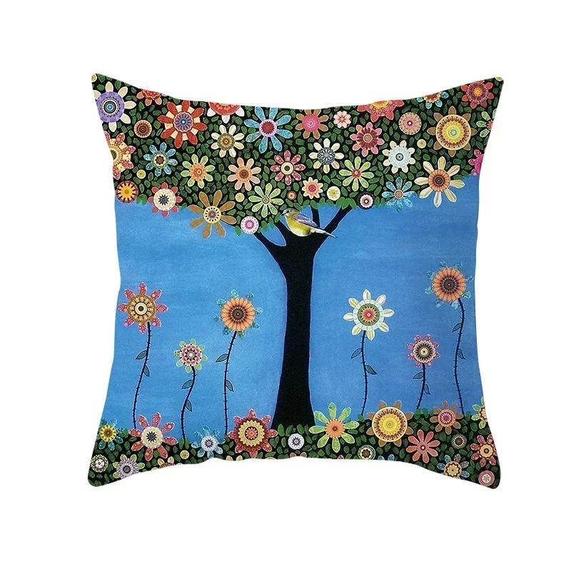 Home Decor Colorful Tree & Flower Pattern Pillow Covers Pattern Cushion Cover Suitable For Sofa Bedroom Car Pillow Cover