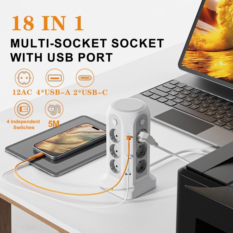 18 IN 1 Multi-socket Power Strip with 12 Outlet 4 USB 2 Type C 4 Switches Tower Socket Surge Protection 5M Extension Cord