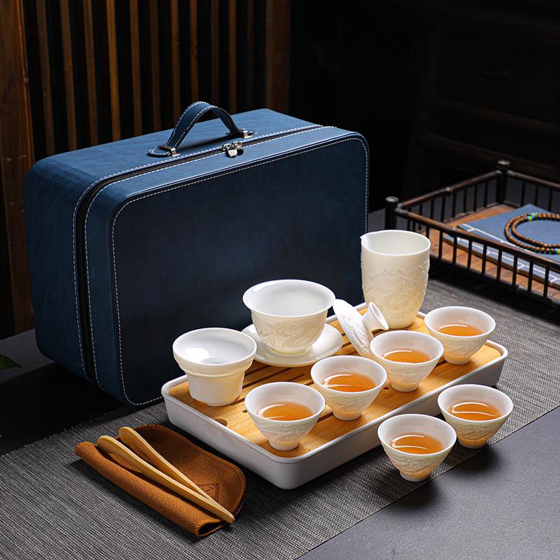 Embossed Suet Jade Ceramic Simple Tea Set Gift Box with Tea Tray Business Gift