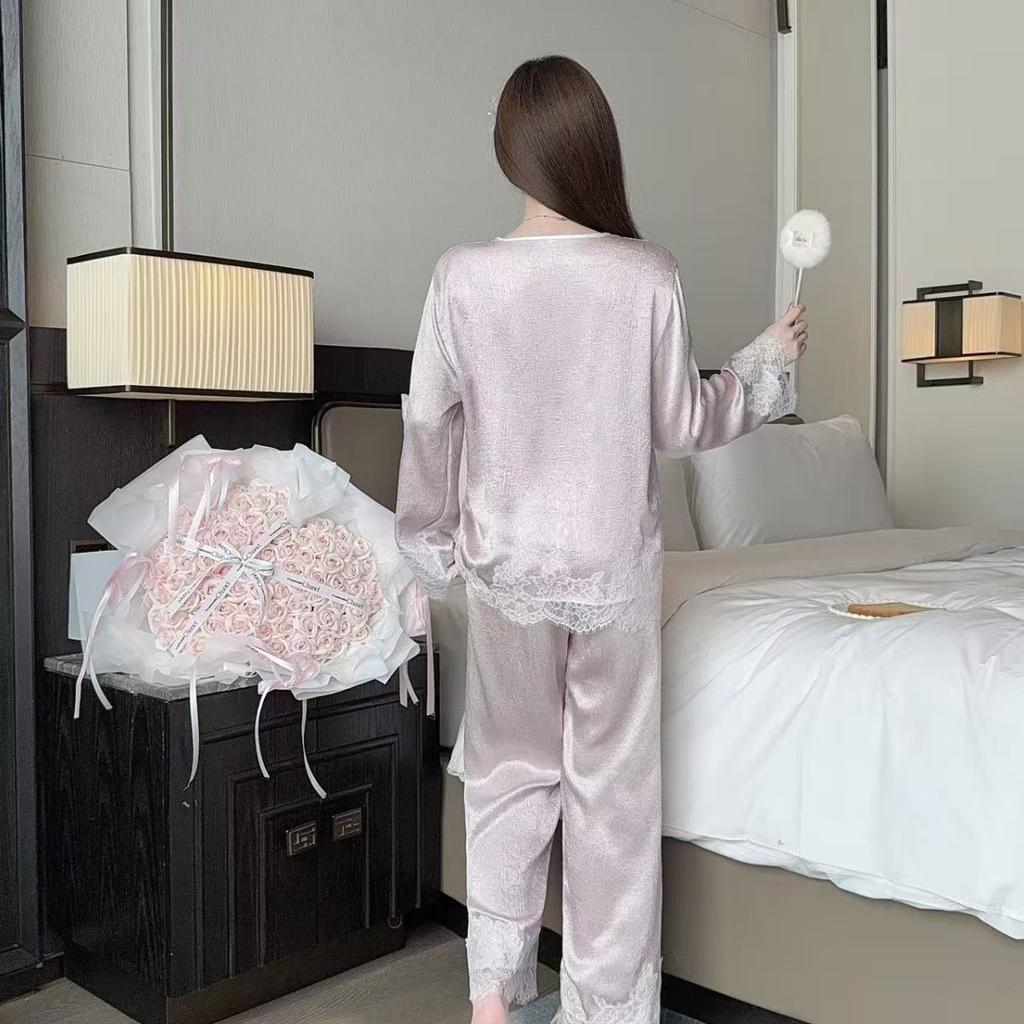 Pajamas women's spring 1011 new high-end scratching flower acetic acid long-sleeved beautiful lace gentle light luxury loungewear