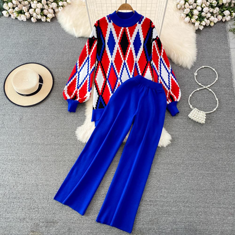Conjunto de Moda para Mujer Otoño Invierno Suéter Holgado de Manga Larga a Cuadros Conjunto de Dos Piezas Pantalones de Punto Rectos de Pierna Ancha Adelgazantes de Cintura Alta