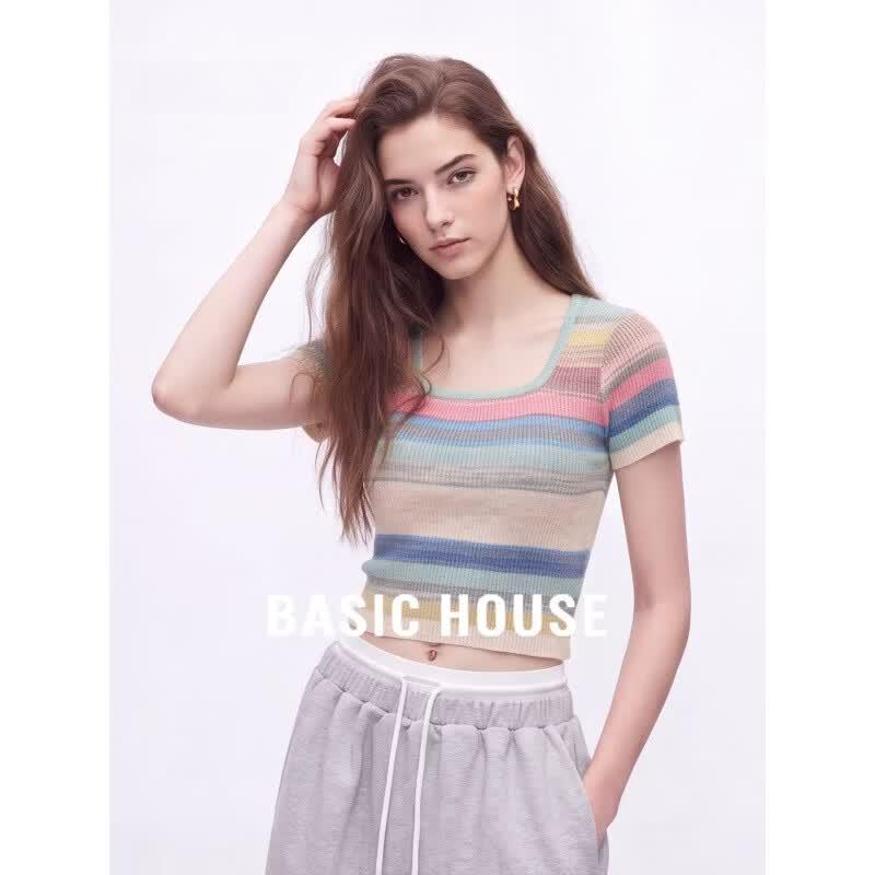 Basic House Women s Striped Square Neck Short Sleeve Knit Top L