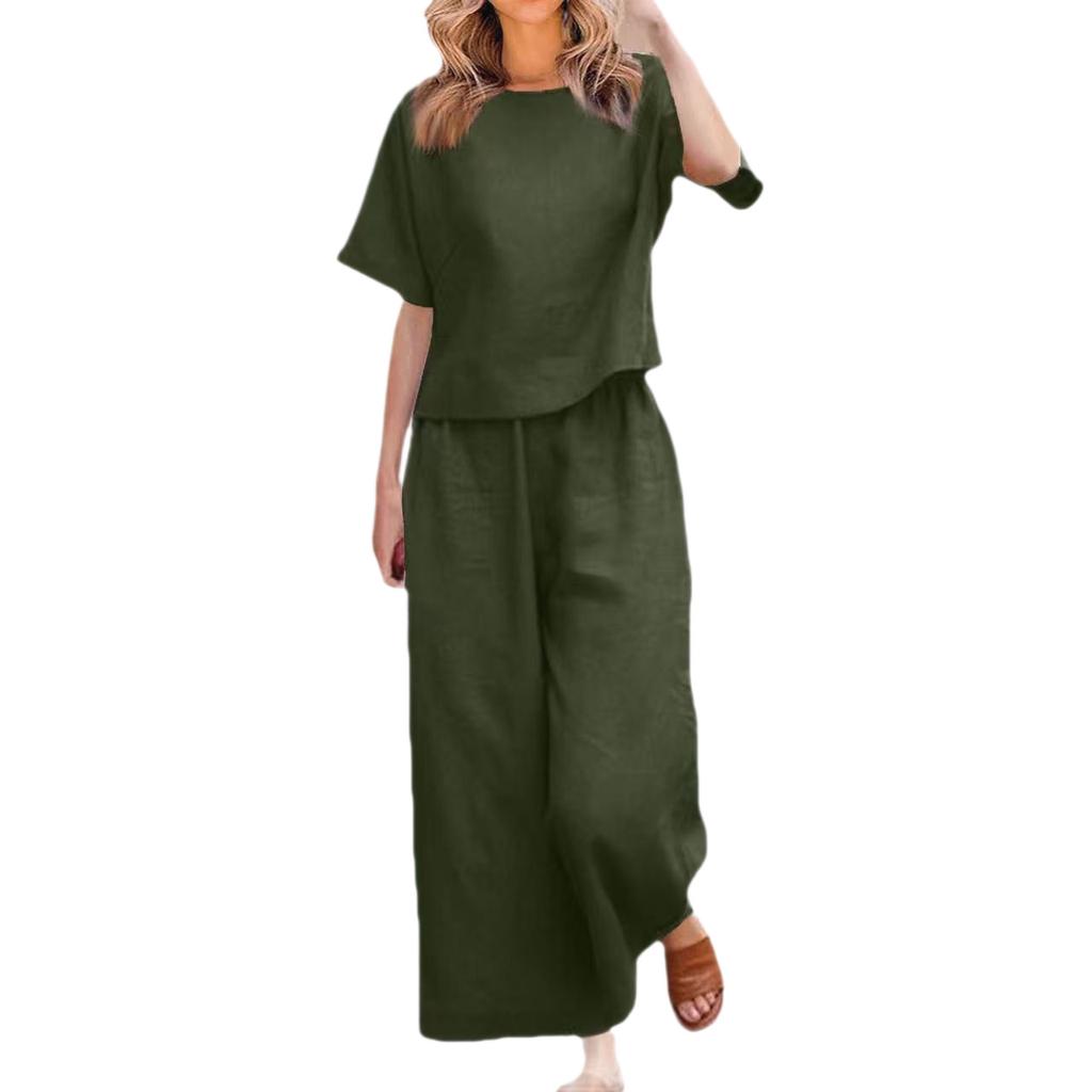 2026 New Loose Solid Color Short-sleeved Wide-leg Pants Set Women's Summer Casual Fashion Two-piece Set Cross-border Belly Cover