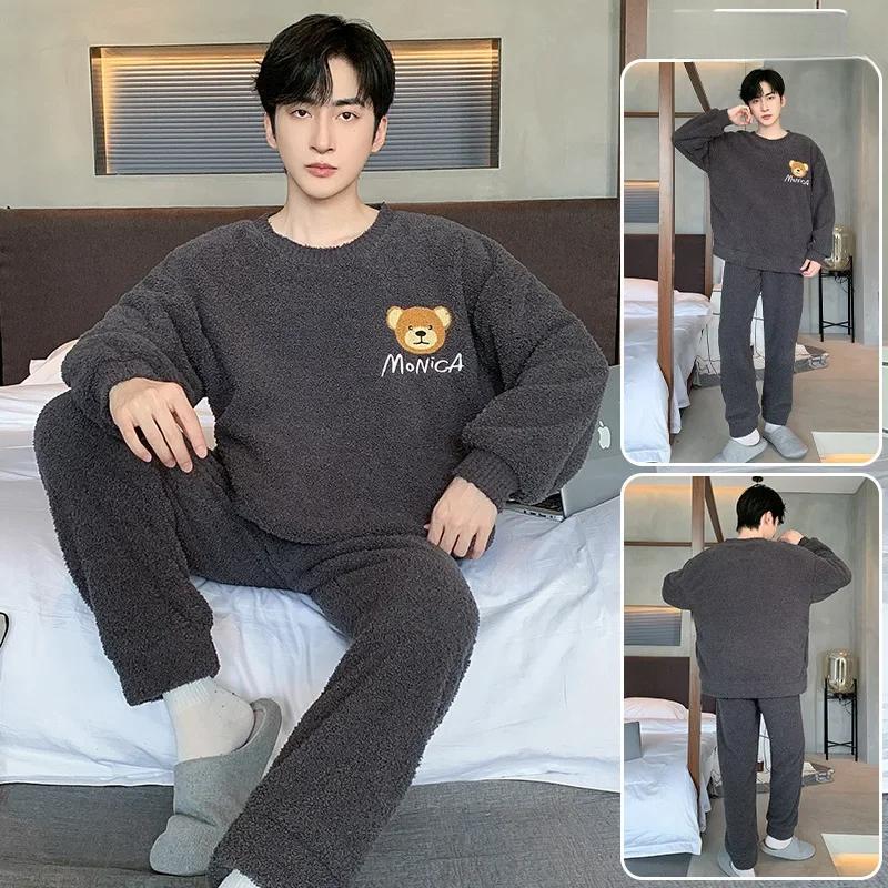 Pijama de Diseño Lindo de Moda para Hombre Otoño Invierno Forro Polar Coral Espesado Cálido Suave Masculino Polar Térmico Conjunto Ropa de Casa Juvenil
