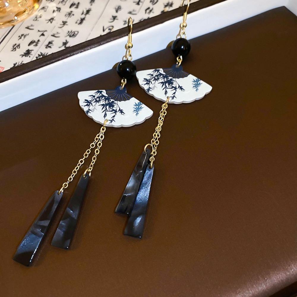 Leaf Fan Shaped Drop Earrings Tassel Exaggerated Long Earrings Chinese Style Earrings  Women