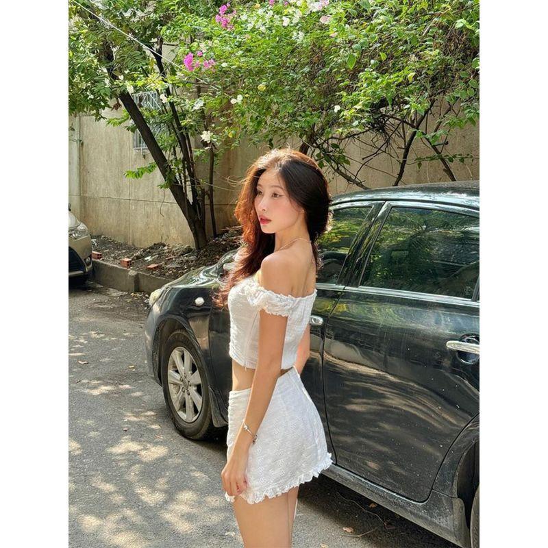 Moonlight Sweetheart French Style Young Adult Atmosphere off-Neck Embroider Small Top Bows Skirt Sexy Suit