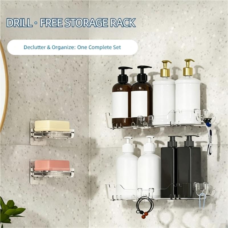 Bathroom Wall Shelf with Open Base, Adhesive Shower Storage Rack for Mounting of Bottles, Soap and Daily Use Items near Sink Side Storage