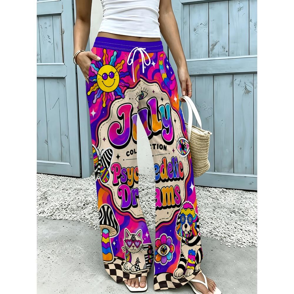 Vintage psychedelic cartoon sun dog print women's wide-leg pants loose and thin trousers