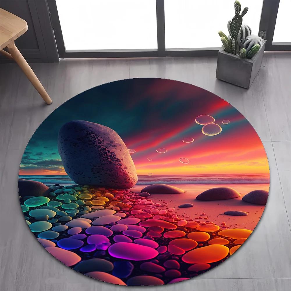 2025 New Style Colorful Pebble Rainbow Road Beach Stone Round Carpet Rug for Bedroom Living Room Decoration,pet Decor Floor Mat