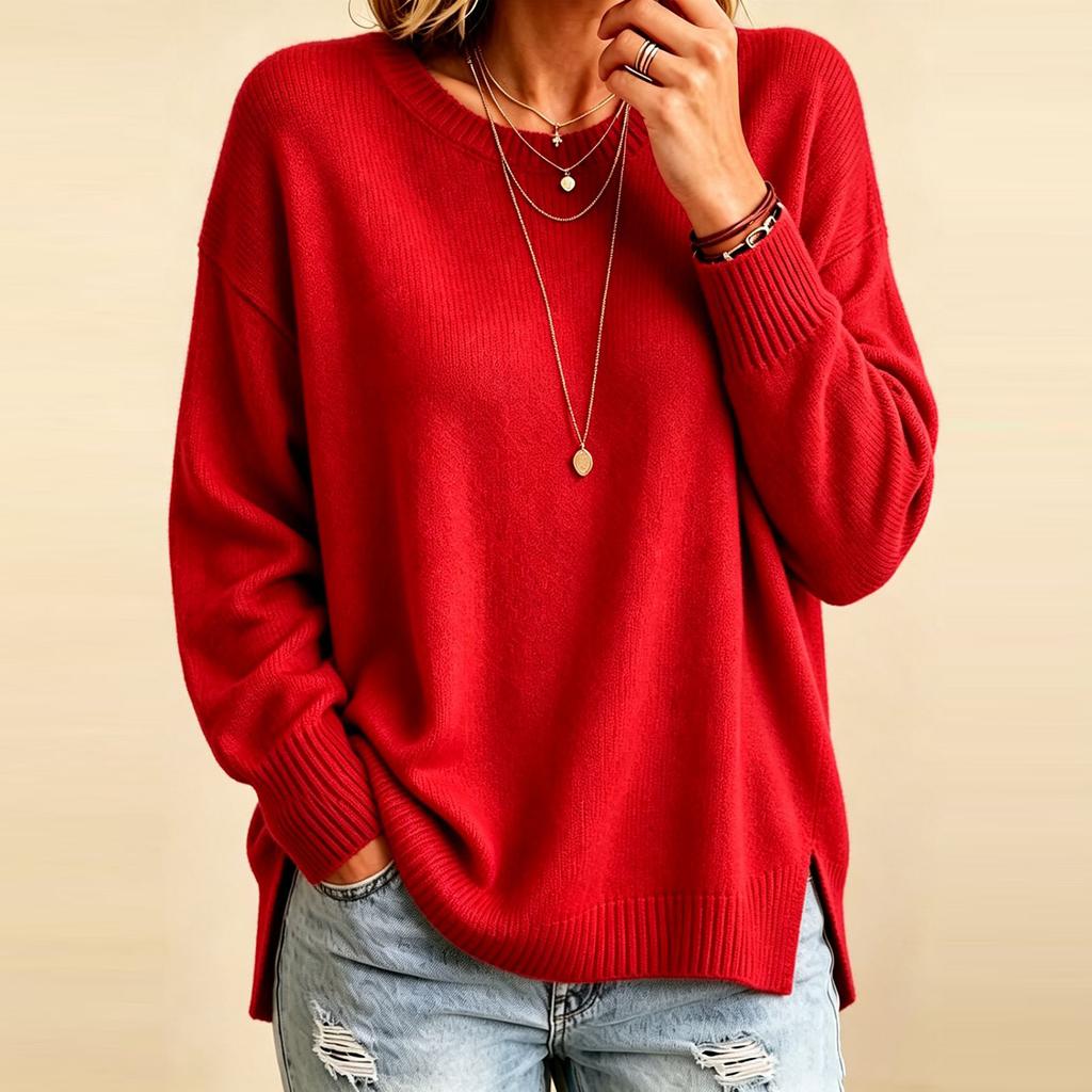 Women's Round Neck Loose Fit Knit Sweater with Side Slits - Casual Pullover Top