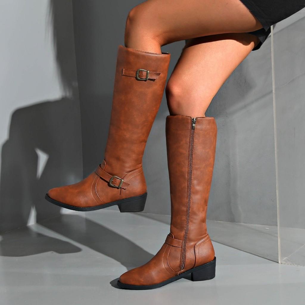 Stilvolle Damen Kniehohe Reitstiefel Mit Schnallen-Detail Für Herbst Und Winter