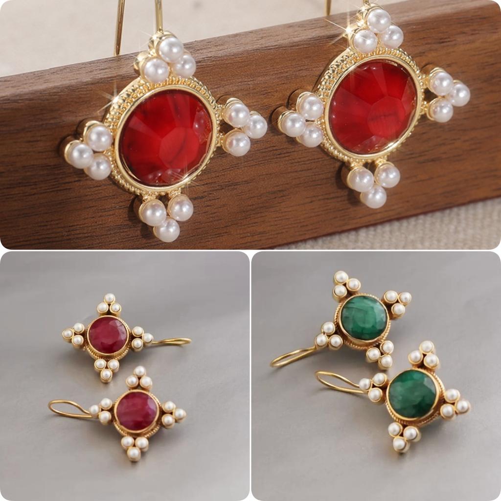Vintage Red and Green Synthetic Zirconia Imitation Pearl Dangle Earrings for Women Exquisite Banquet Pendant Jewelry Accessories