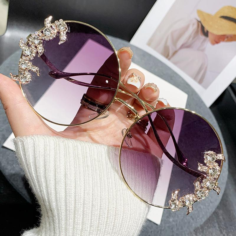 New Rimless Cut Edge Diamond Sunglasses Fashion Round Rhinestone Sunglasses Wave Design Mirror Leg Glasses