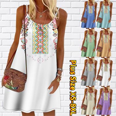 Women Flower Wreath Printed Mini Dress Sleeveless Party Dress Summer Beach Dress Sundress
