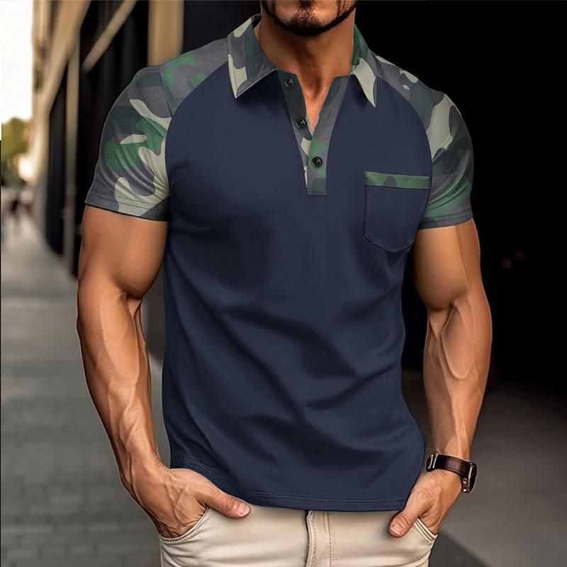 Men's Camouflage Patchwork Short Sleeve Polo, Casual Trendy Top