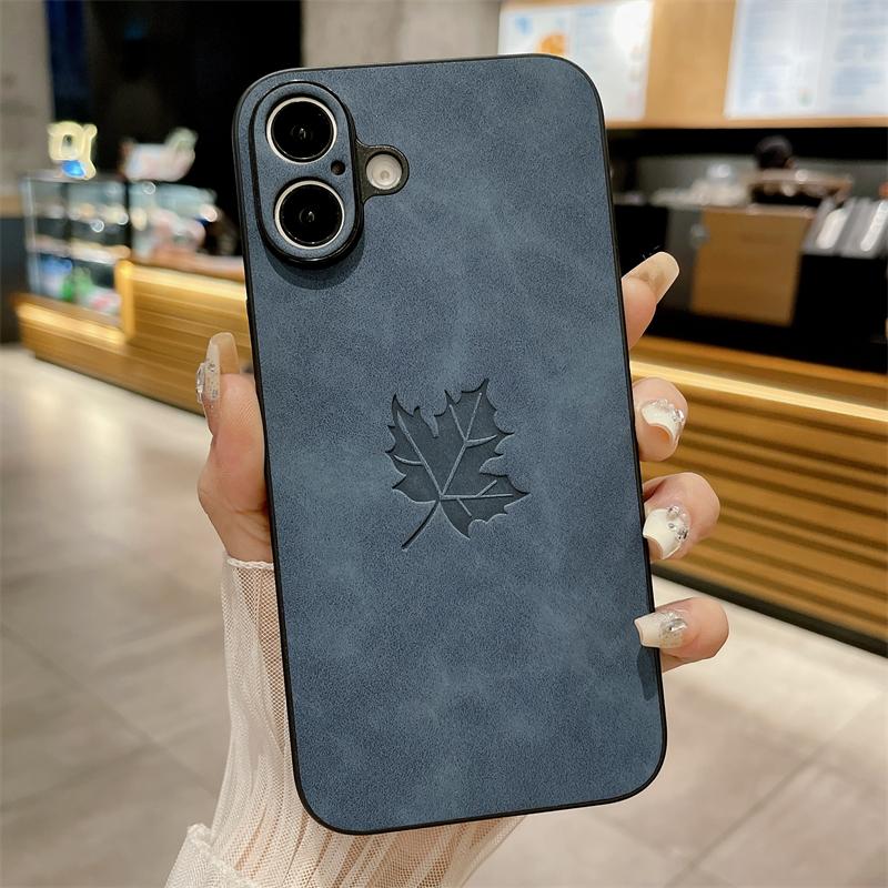 Slim Lambskin Leather Maple Leaves Pattern Phone Case for iphone 16E 11 12 13 14 15 16 Pro Max 15 16 Plus Soft Bumper Back Cover